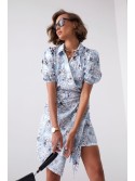 Floral print wrap dress with a collar, blue FG638 - Online store - Boutique